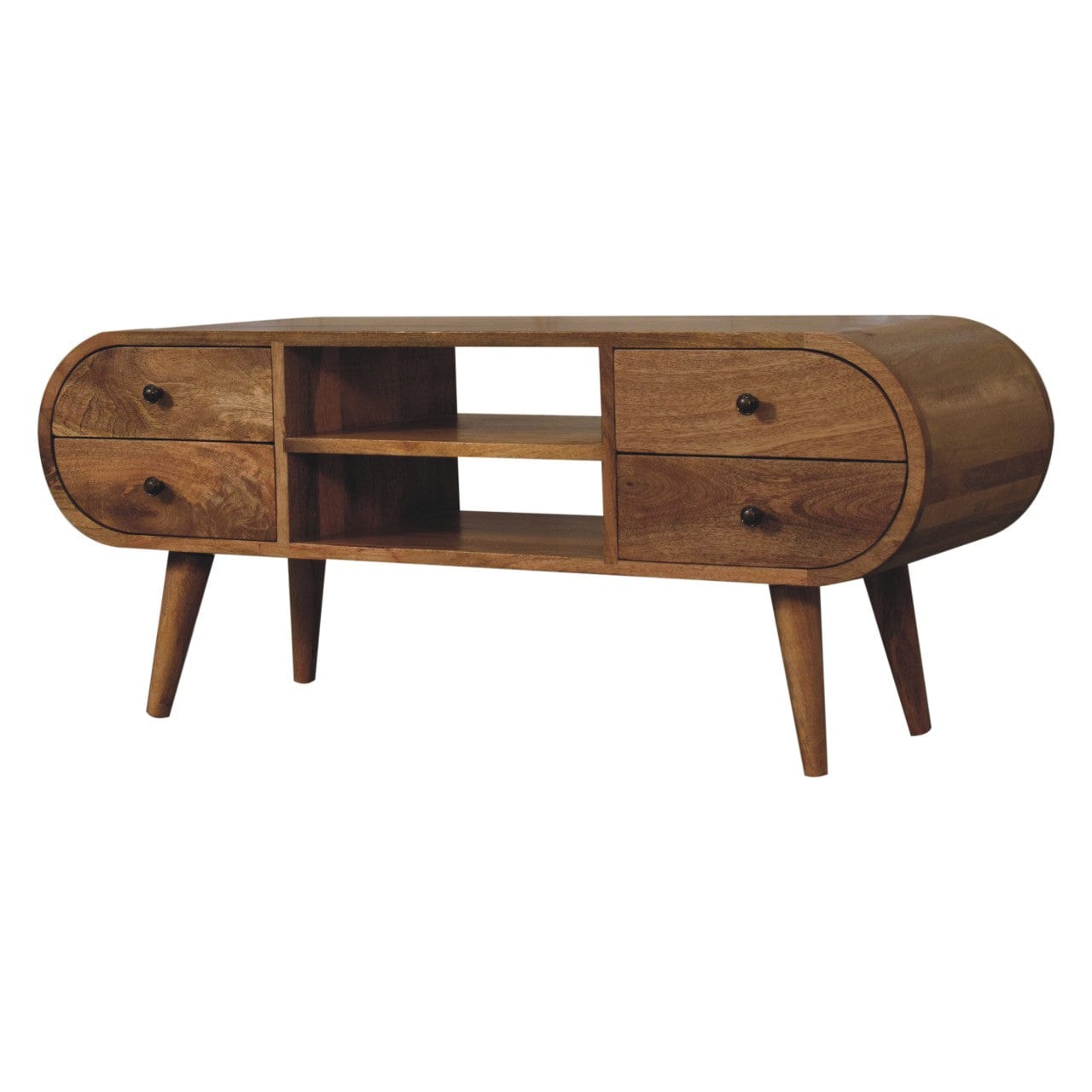 Oak-ish Circular TV Stand - Solid Mango Wood Entertainment Center for Living Room - product view 2 showing handcrafted...