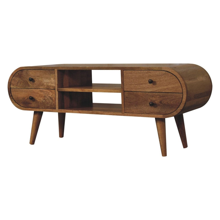 Oak-ish Circular TV Stand - Solid Mango Wood Entertainment Center for Living Room - product view 2 showing handcrafted...