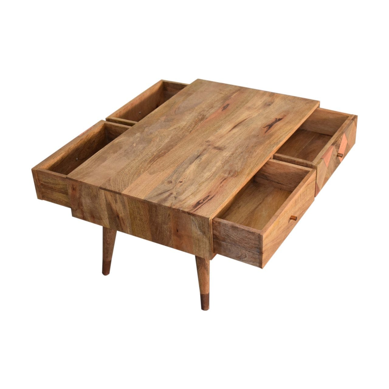Oak-ish Copper Inlay Coffee Table - Solid Mango Wood Center Table for Living Room - product view 6 showing handcrafted...