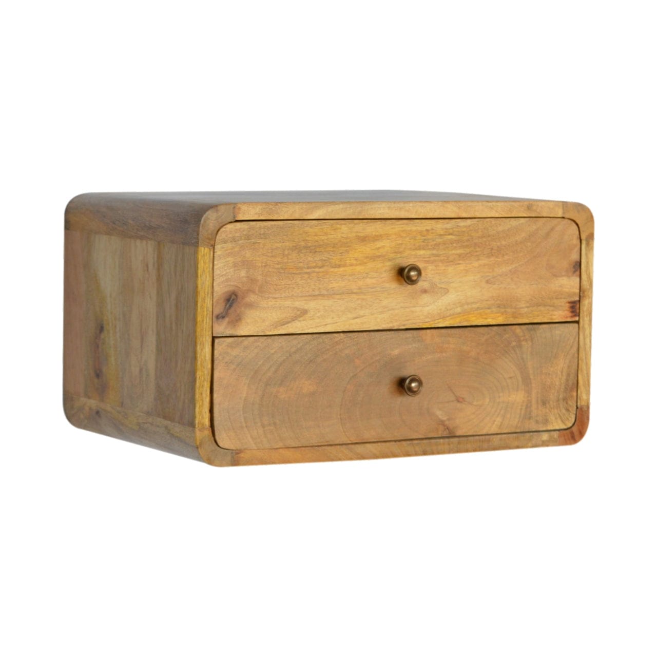 Oak-ish 2 Drawer Floating Nightstand - Solid Mango Wood Bedside Table for Bedroom - product view 2 showing handcrafted...