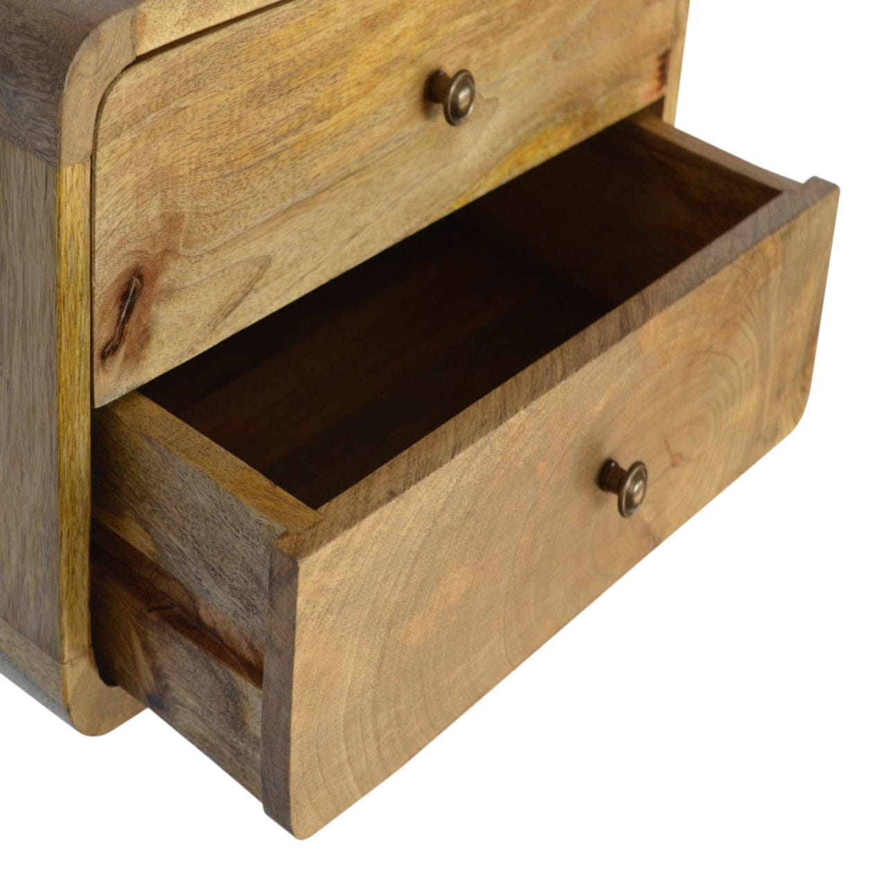 Oak-ish 2 Drawer Floating Nightstand - Solid Mango Wood Bedside Table for Bedroom - product view 5 showing handcrafted...