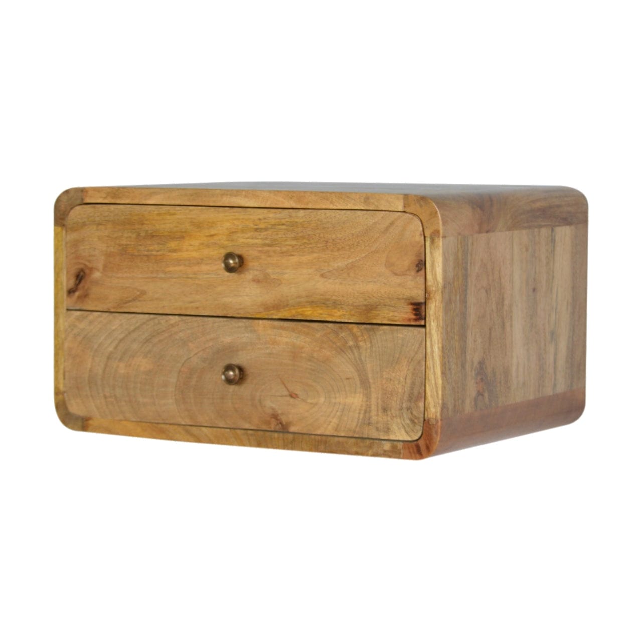 Oak-ish 2 Drawer Floating Nightstand - Solid Mango Wood Bedside Table for Bedroom - product view 3 showing handcrafted...