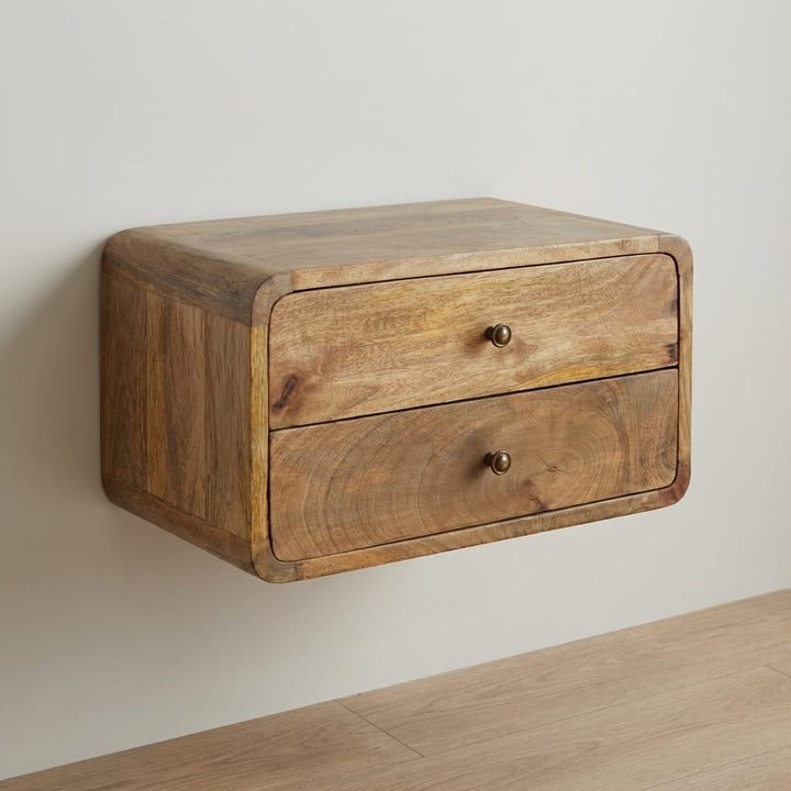 Oak-ish 2 Drawer Floating Nightstand - Solid Mango Wood Bedside Table for Bedroom - main view showing handcrafted solid...