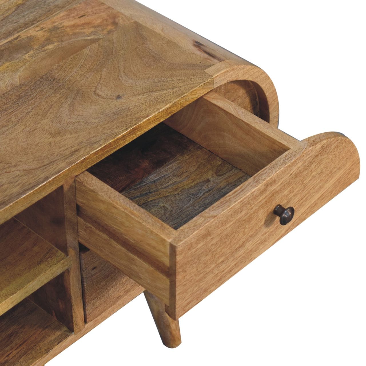 Oak-ish Circular TV Stand - Solid Mango Wood Entertainment Center for Living Room - product view 6 showing handcrafted...