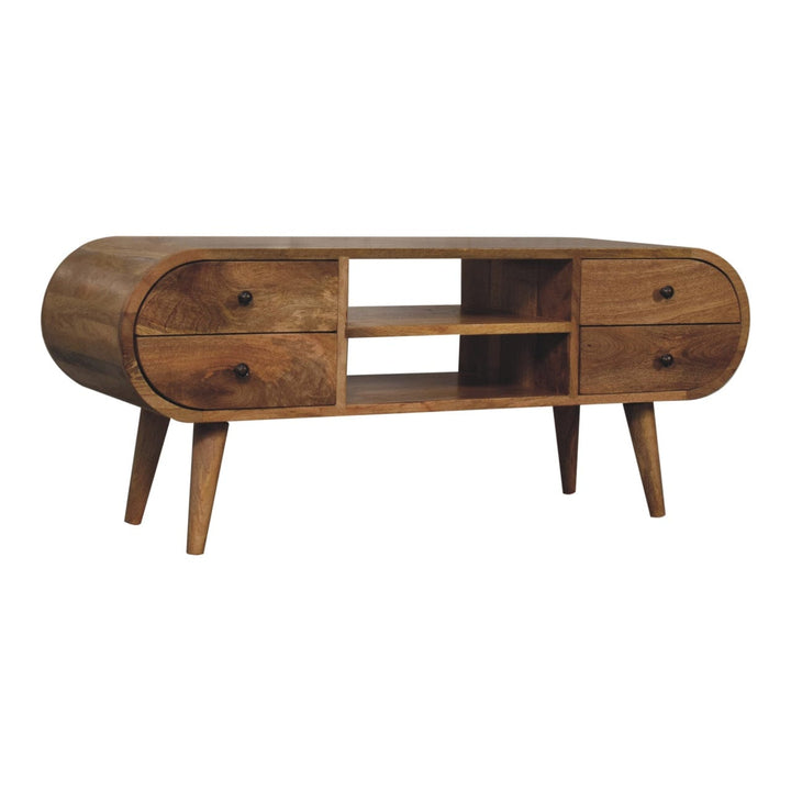 Oak-ish Circular TV Stand - Solid Mango Wood Entertainment Center for Living Room - product view 3 showing handcrafted...