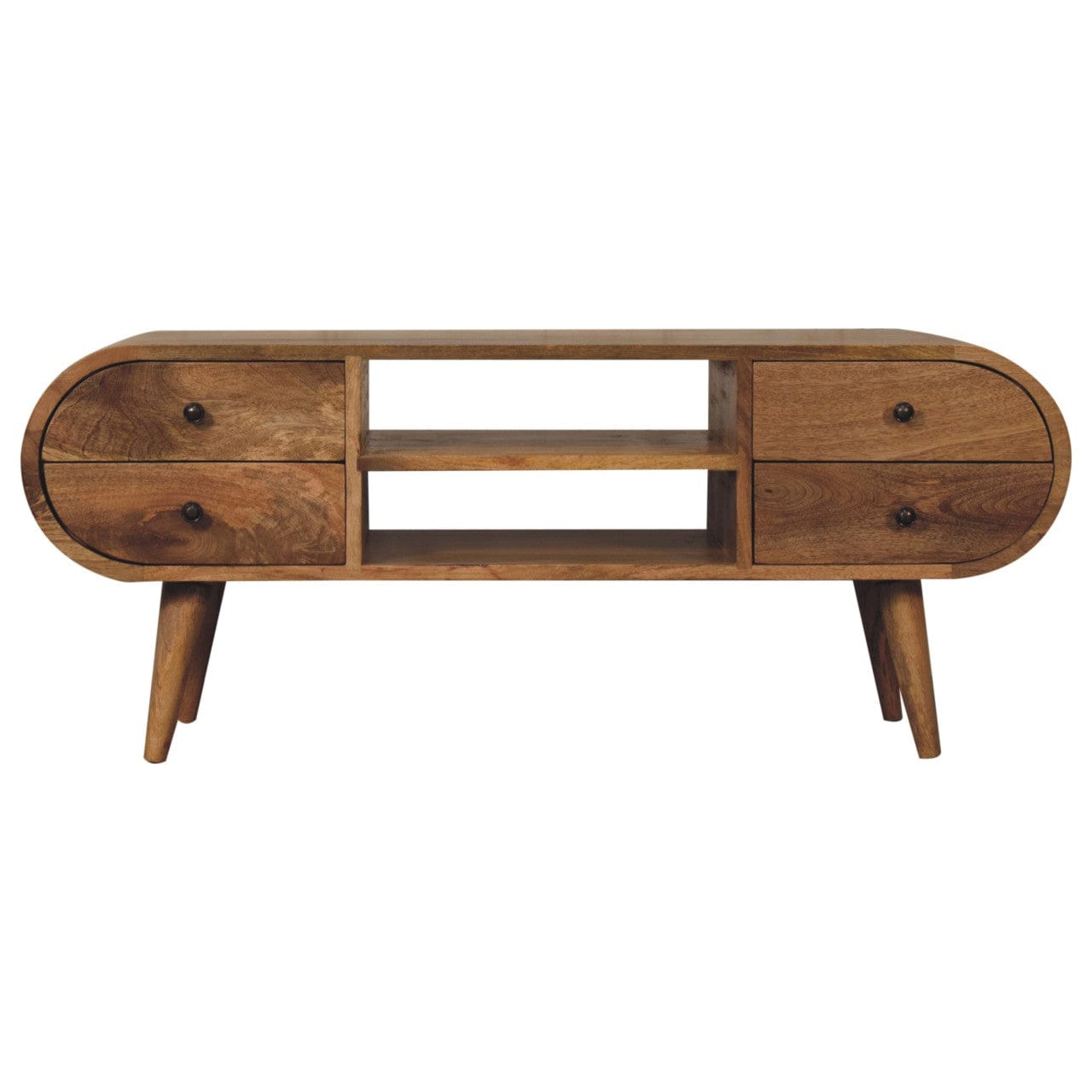 Oak-ish Circular TV Stand - Solid Mango Wood Entertainment Center for Living Room - main view showing handcrafted solid...