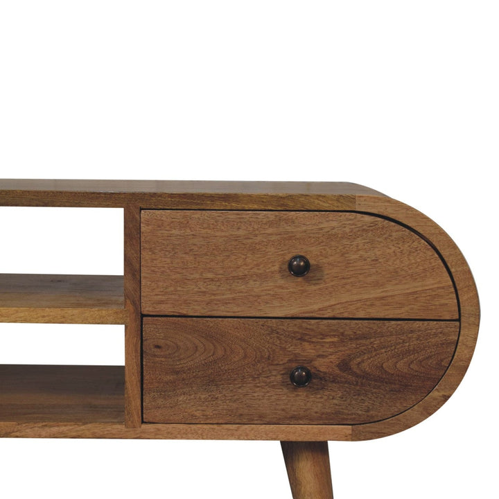 Oak-ish Circular TV Stand - Solid Mango Wood Entertainment Center for Living Room - product view 4 showing handcrafted...