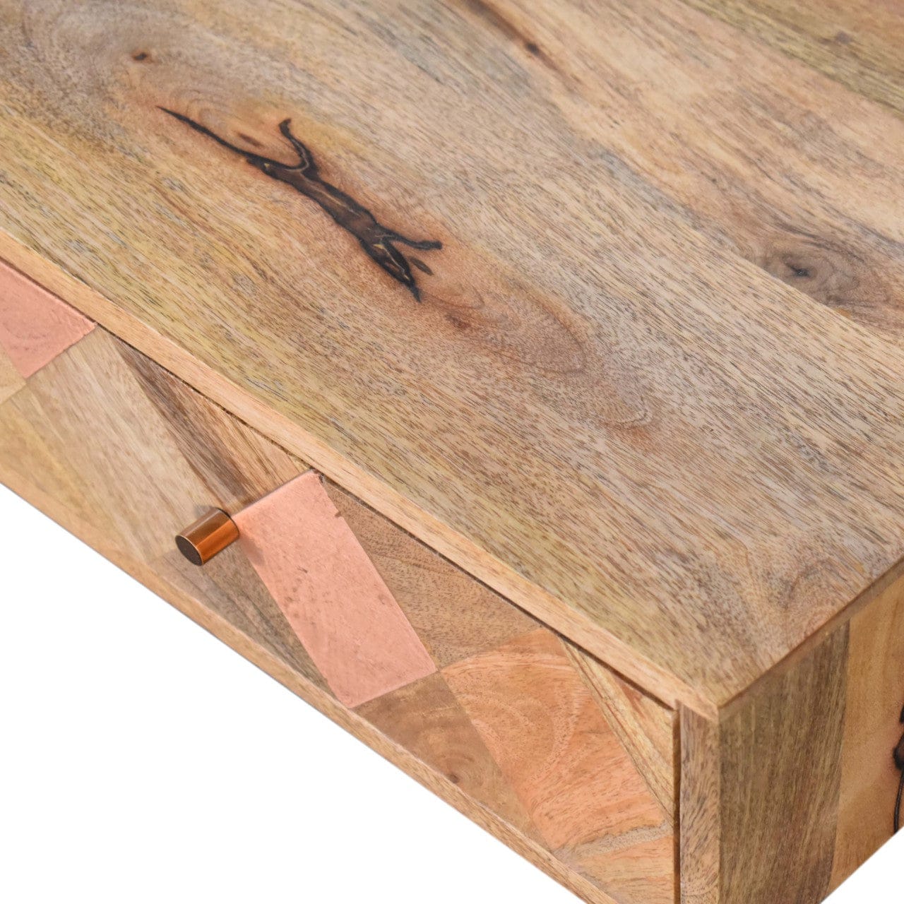 Oak-ish Copper Inlay Coffee Table - Solid Mango Wood Center Table for Living Room - product view 4 showing handcrafted...