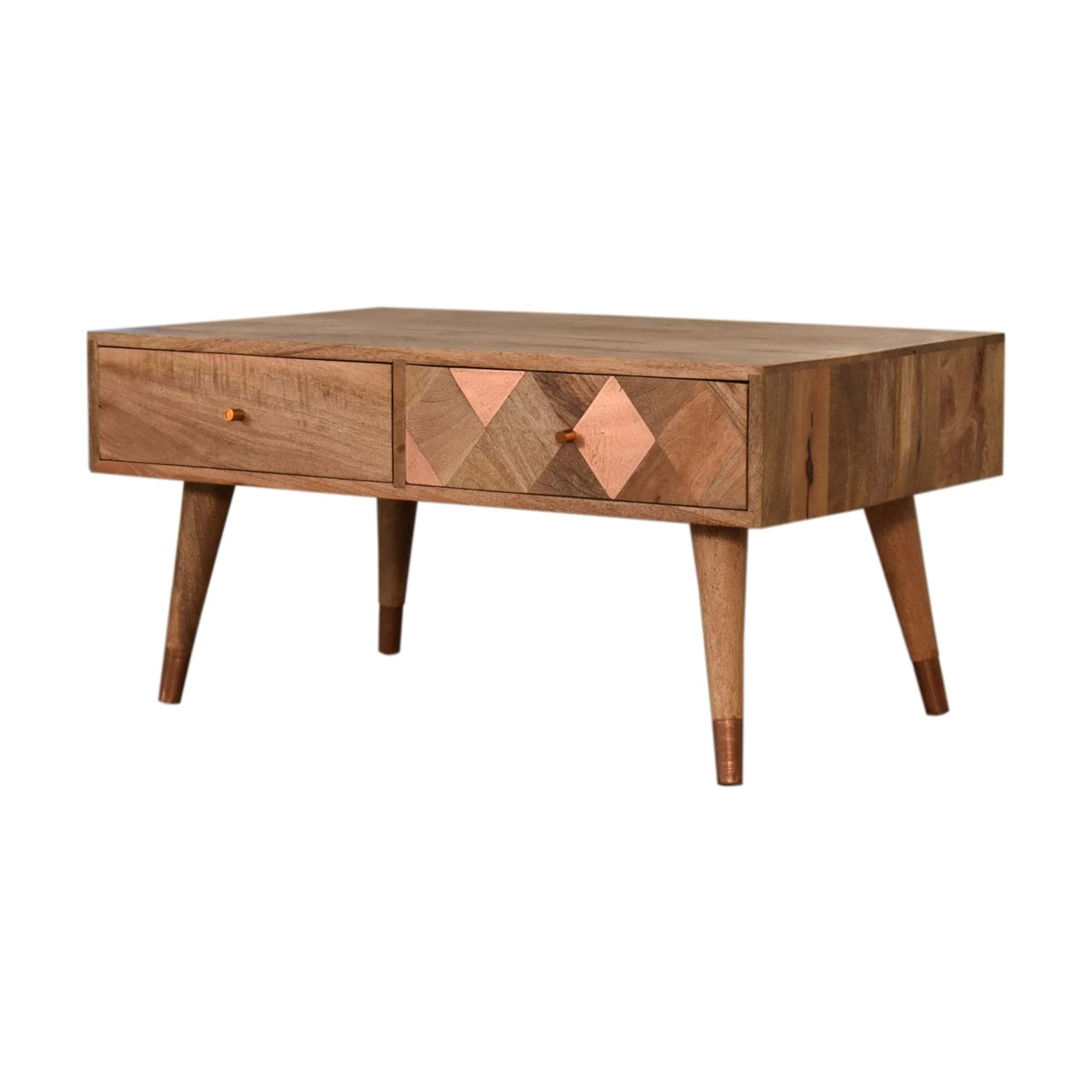 Oak-ish Copper Inlay Coffee Table - Solid Mango Wood Center Table for Living Room - product view 2 showing handcrafted...