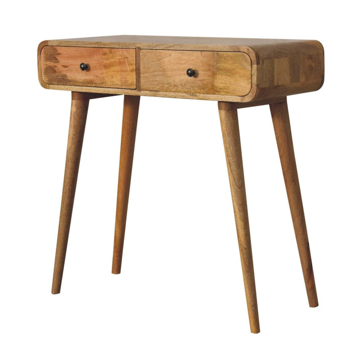 Oak-ish Curved Hallway Table in Solid Mango Wood - product view 2 showing handcrafted solid mango wood furniture