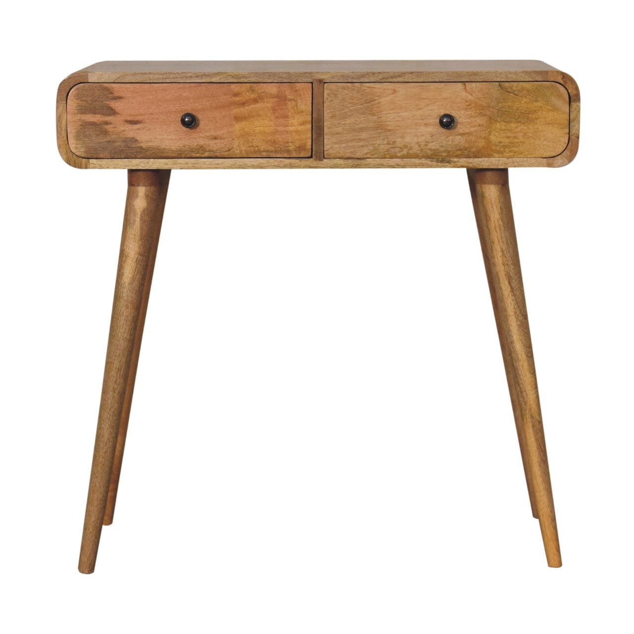 Oak-ish Curved Hallway Table in Solid Mango Wood - main view showing handcrafted solid mango wood furniture