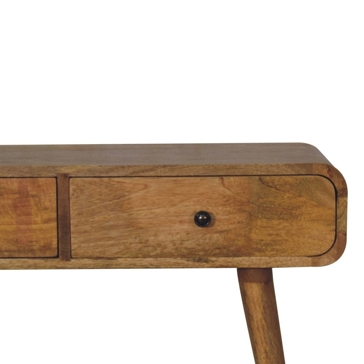 Oak-ish Curved Hallway Table in Solid Mango Wood - product view 4 showing handcrafted solid mango wood furniture