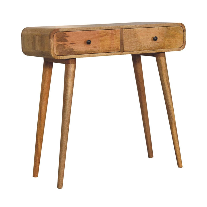 Oak-ish Curved Hallway Table in Solid Mango Wood - product view 3 showing handcrafted solid mango wood furniture