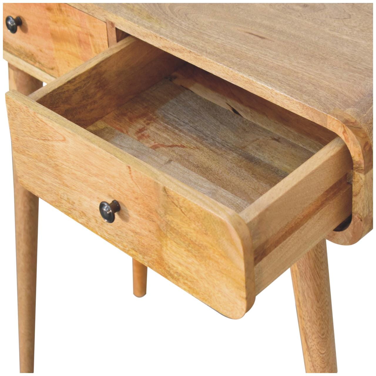 Oak-ish Curved Hallway Table in Solid Mango Wood - product view 6 showing handcrafted solid mango wood furniture