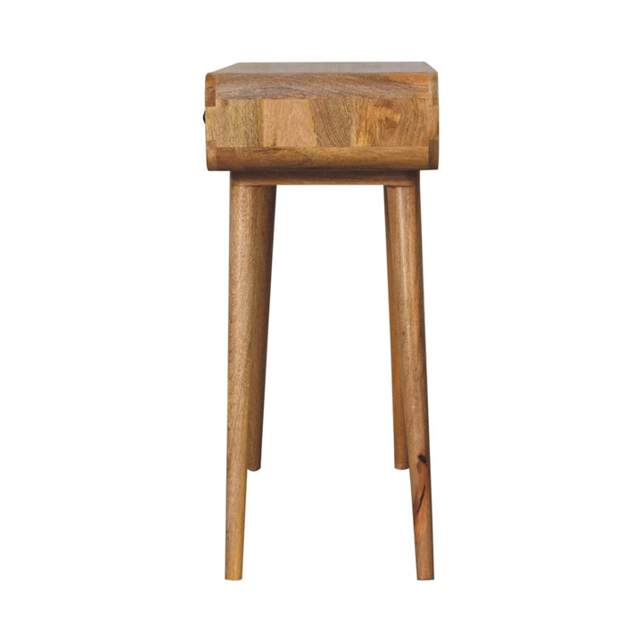Oak-ish Curved Hallway Table in Solid Mango Wood - product view 8 showing handcrafted solid mango wood furniture