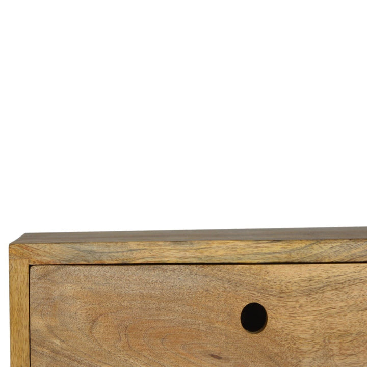 Oak-ish Floating Nightstand - Solid Mango Wood Bedside Table for Bedroom - product view 5 showing handcrafted solid mango...