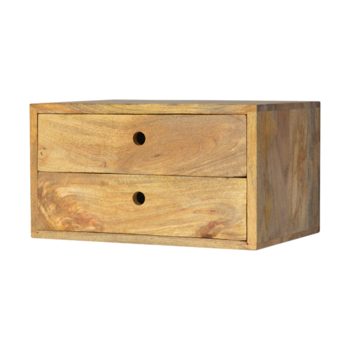 Oak-ish Floating Nightstand - Solid Mango Wood Bedside Table for Bedroom - product view 2 showing handcrafted solid mango...