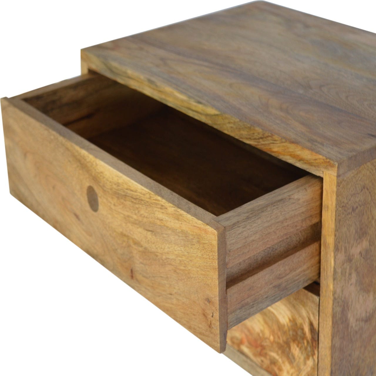 Oak-ish Floating Nightstand - Solid Mango Wood Bedside Table for Bedroom - product view 4 showing handcrafted solid mango...