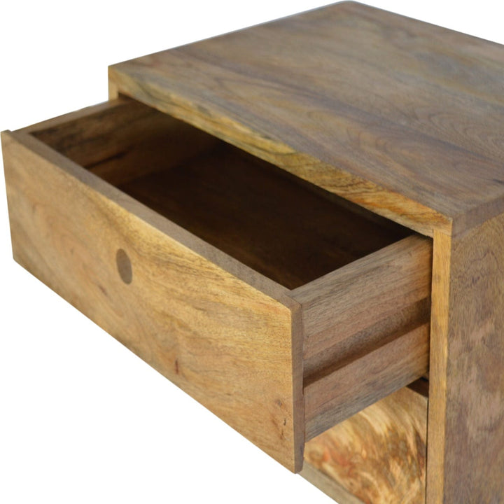 Oak-ish Floating Nightstand - Solid Mango Wood Bedside Table for Bedroom - product view 4 showing handcrafted solid mango...
