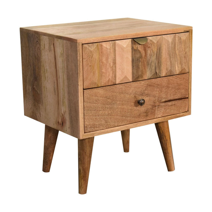 Oak-ish Prism Nightstand - Solid Mango Wood Bedside Table for Bedroom - product view 3 showing handcrafted solid mango...