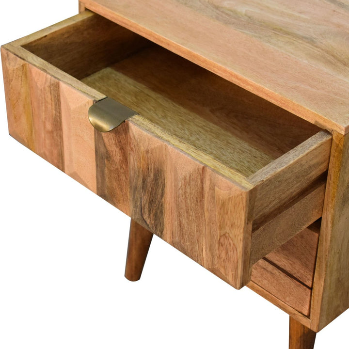 Oak-ish Prism Nightstand - Solid Mango Wood Bedside Table for Bedroom - product view 6 showing handcrafted solid mango...