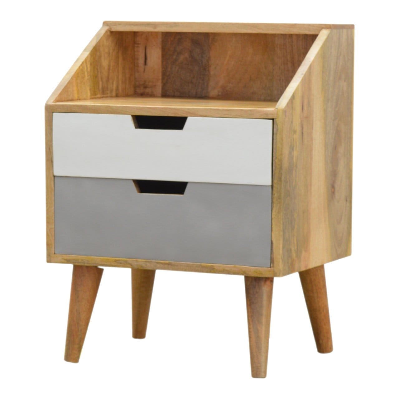 Oak-ish Raised Nightstand - Solid Mango Wood Bedside Table for Bedroom - main view showing handcrafted solid mango wood...