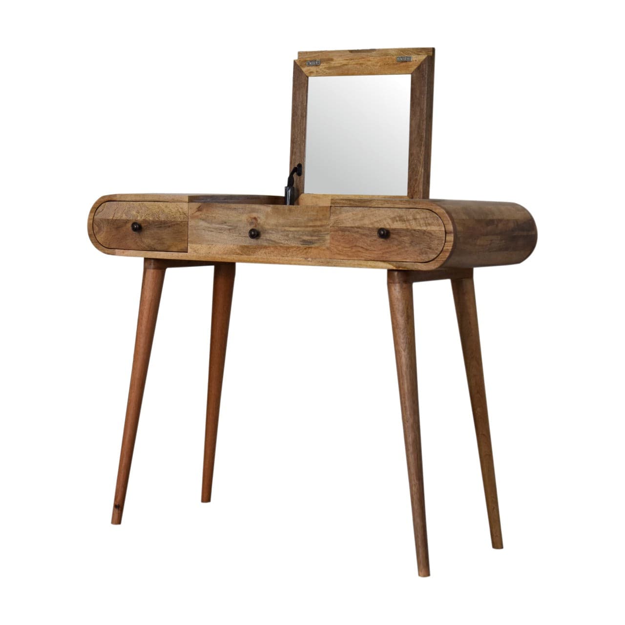 Oak-ish Round Dressing Table - Solid Mango Wood Vanity Table for Bedroom - product view 7 showing handcrafted solid mango...
