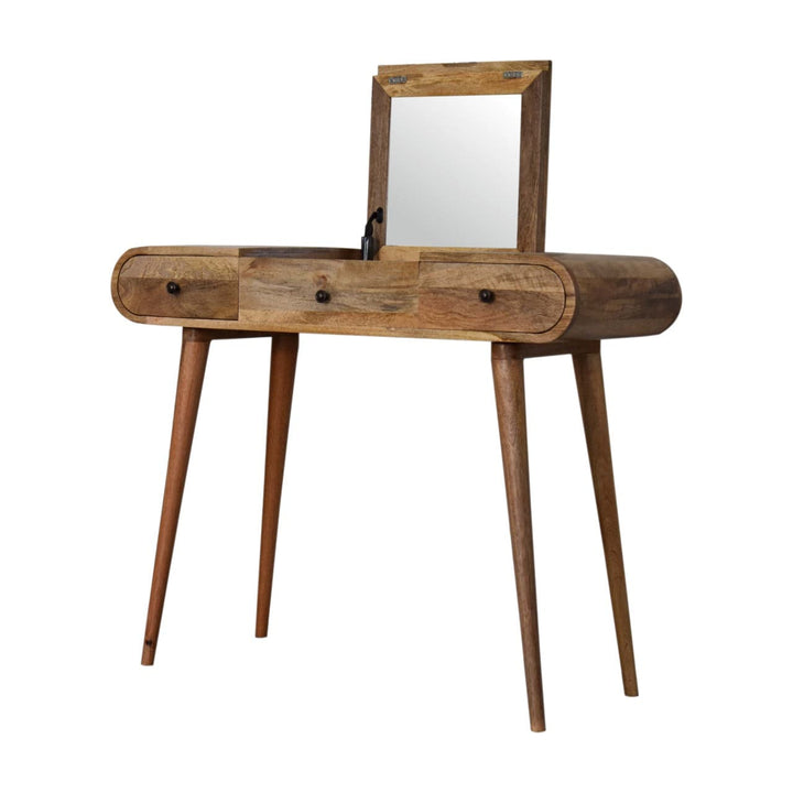 Oak-ish Round Dressing Table - Solid Mango Wood Vanity Table for Bedroom - product view 7 showing handcrafted solid mango...