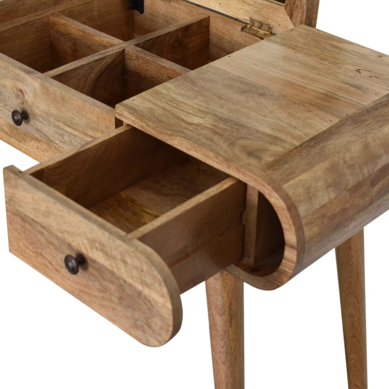 Oak-ish Round Dressing Table - Solid Mango Wood Vanity Table for Bedroom - product view 9 showing handcrafted solid mango...