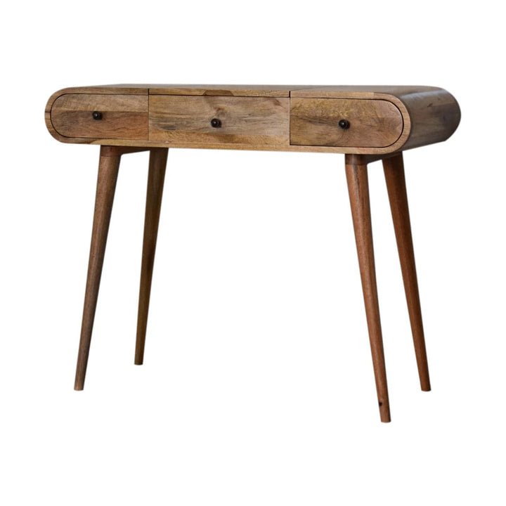 Oak-ish Round Dressing Table - Solid Mango Wood Vanity Table for Bedroom - product view 4 showing handcrafted solid mango...