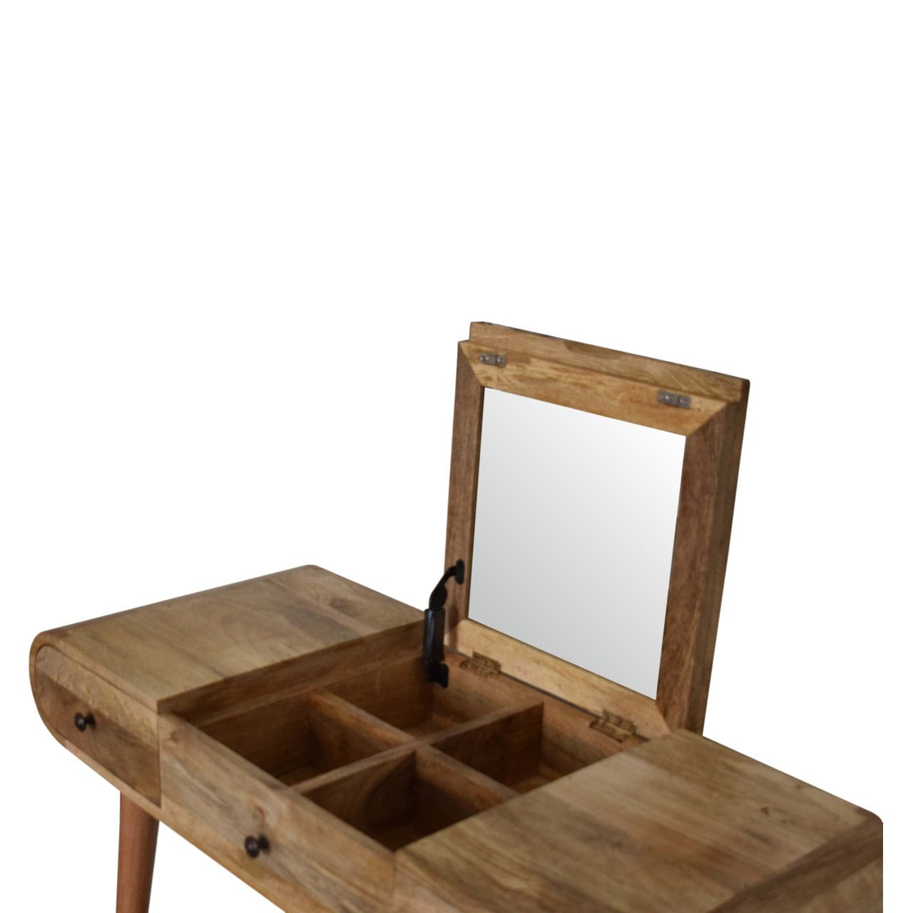 Oak-ish Round Dressing Table - Solid Mango Wood Vanity Table for Bedroom - product view 6 showing handcrafted solid mango...