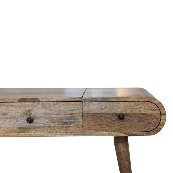 Oak-ish Round Dressing Table - Solid Mango Wood Vanity Table for Bedroom - product view 8 showing handcrafted solid mango...