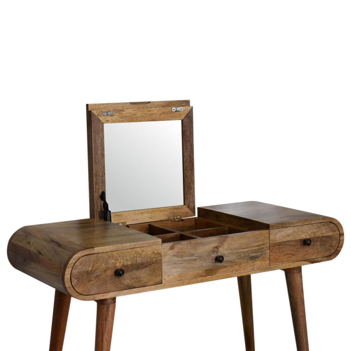 Oak-ish Round Dressing Table - Solid Mango Wood Vanity Table for Bedroom - product view 5 showing handcrafted solid mango...