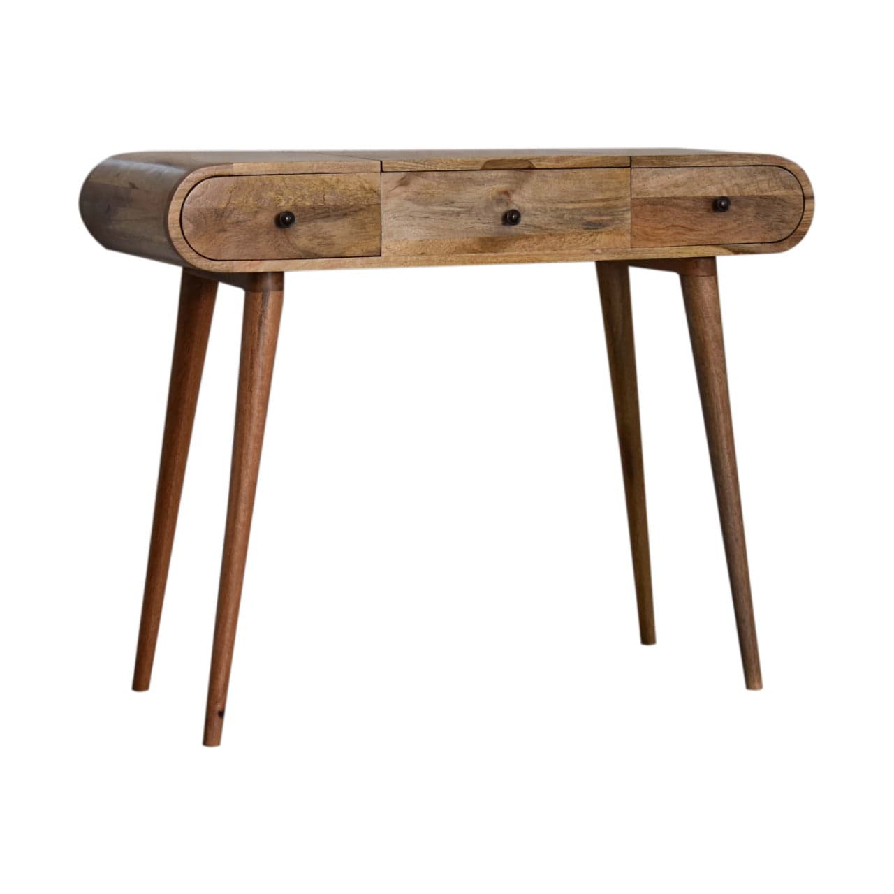 Oak-ish Round Dressing Table - Solid Mango Wood Vanity Table for Bedroom - product view 3 showing handcrafted solid mango...