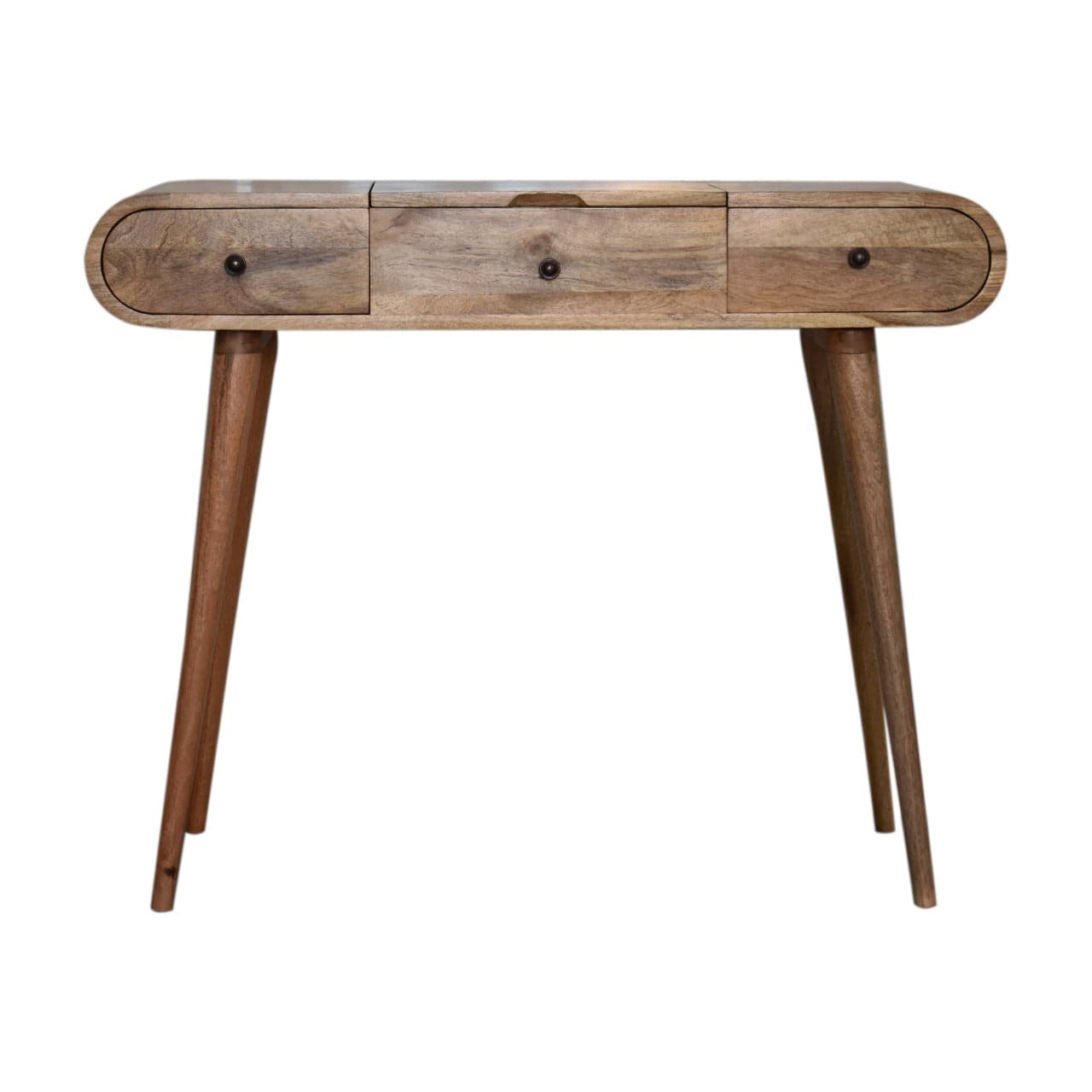 Oak-ish Round Dressing Table - Solid Mango Wood Vanity Table for Bedroom - product view 2 showing handcrafted solid mango...