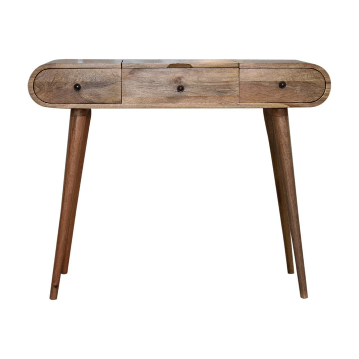 Oak-ish Round Dressing Table - Solid Mango Wood Vanity Table for Bedroom - product view 2 showing handcrafted solid mango...