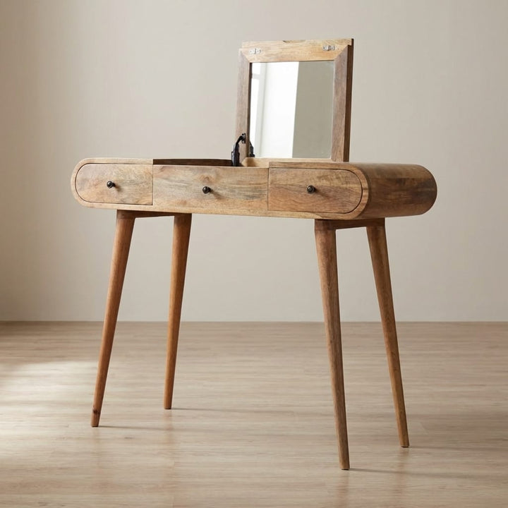 Oak-ish Round Dressing Table - Solid Mango Wood Vanity Table for Bedroom - main view showing handcrafted solid mango wood...