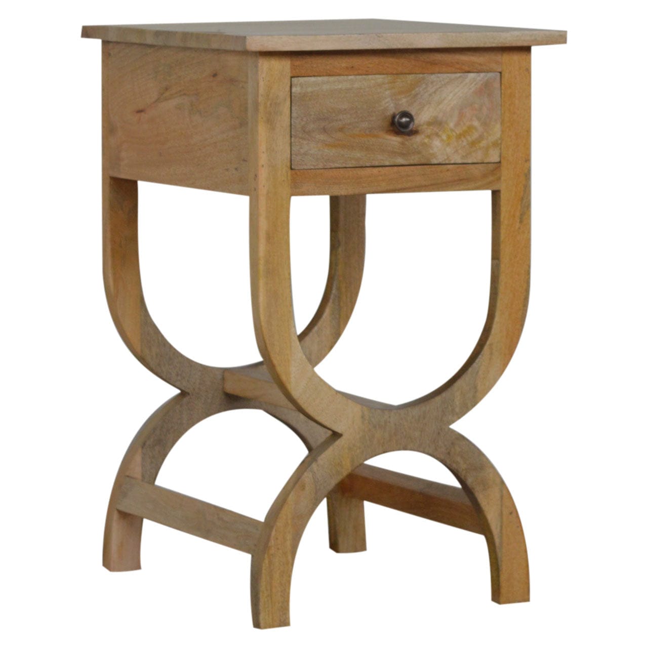 Oak-ish Serpentine Nightstand - Solid Mango Wood Bedside Table for Bedroom - product view 4 showing handcrafted solid...