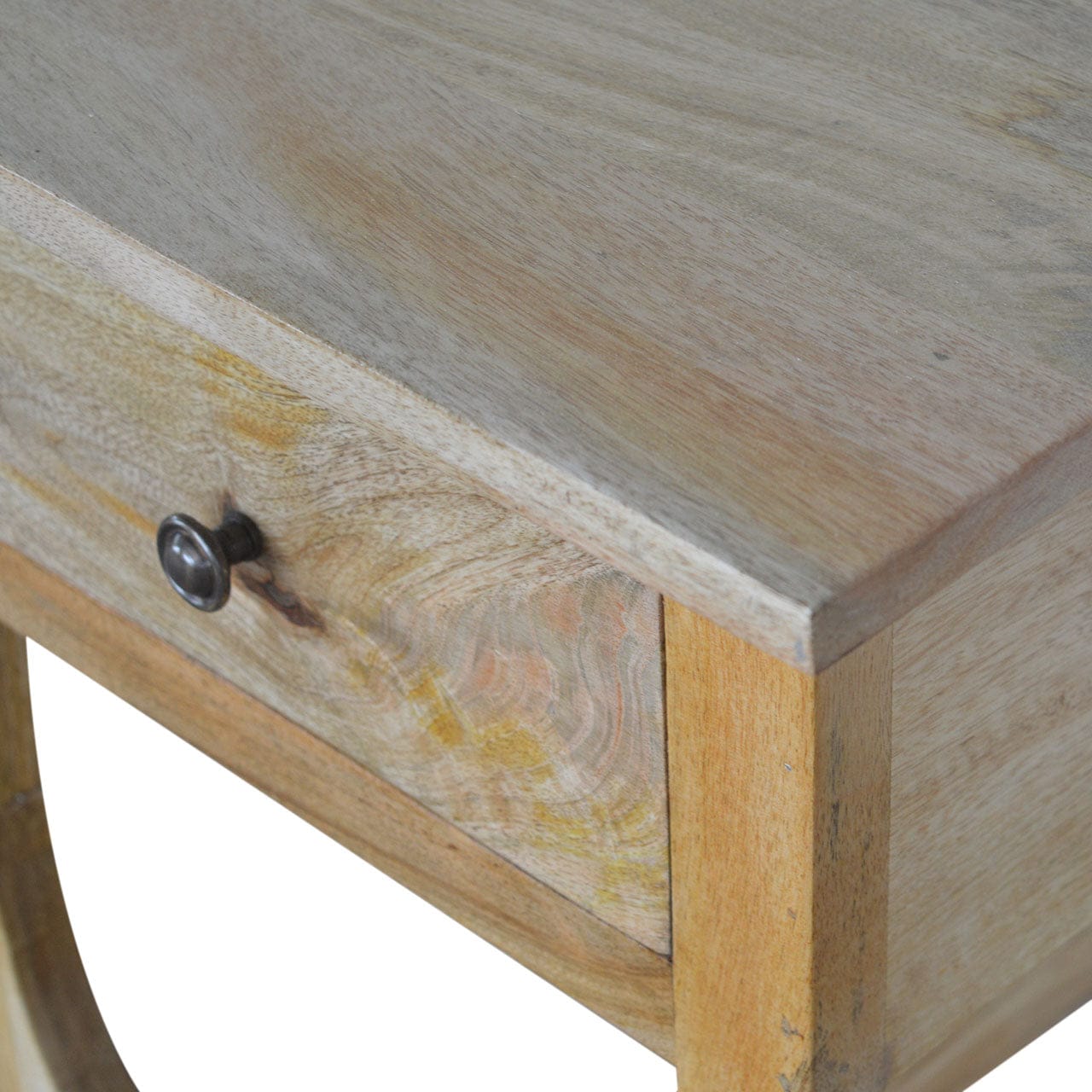 Oak-ish Serpentine Nightstand - Solid Mango Wood Bedside Table for Bedroom - product view 6 showing handcrafted solid...