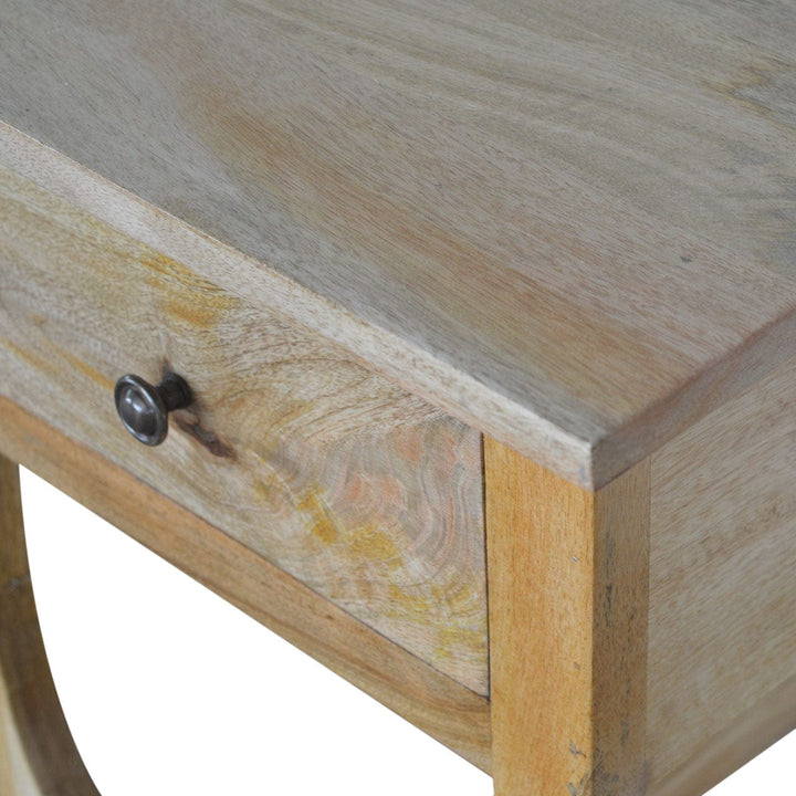 Oak-ish Serpentine Nightstand - Solid Mango Wood Bedside Table for Bedroom - product view 6 showing handcrafted solid...