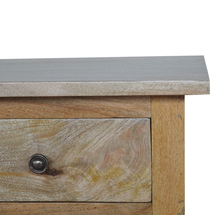 Oak-ish Serpentine Nightstand - Solid Mango Wood Bedside Table for Bedroom - product view 7 showing handcrafted solid...