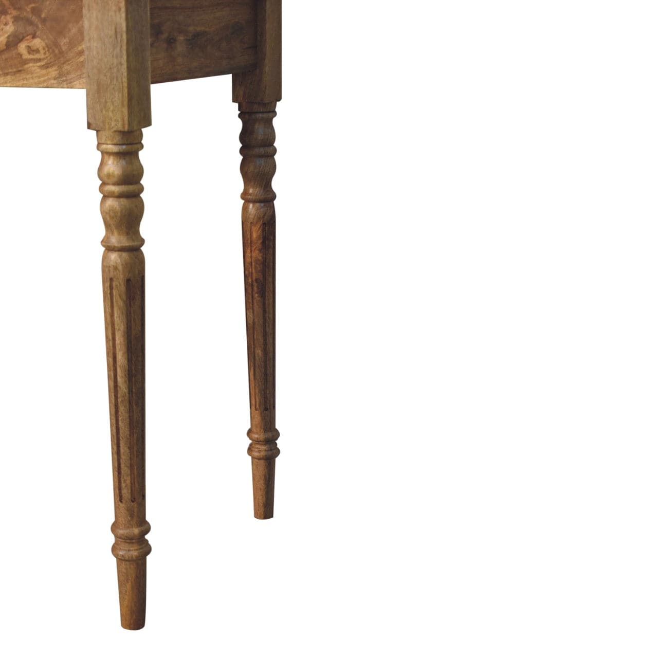 Oak-ish Turned Leg Writing Desk - Solid Mango Wood Desk for Home Office - product view 7 showing handcrafted solid mango...