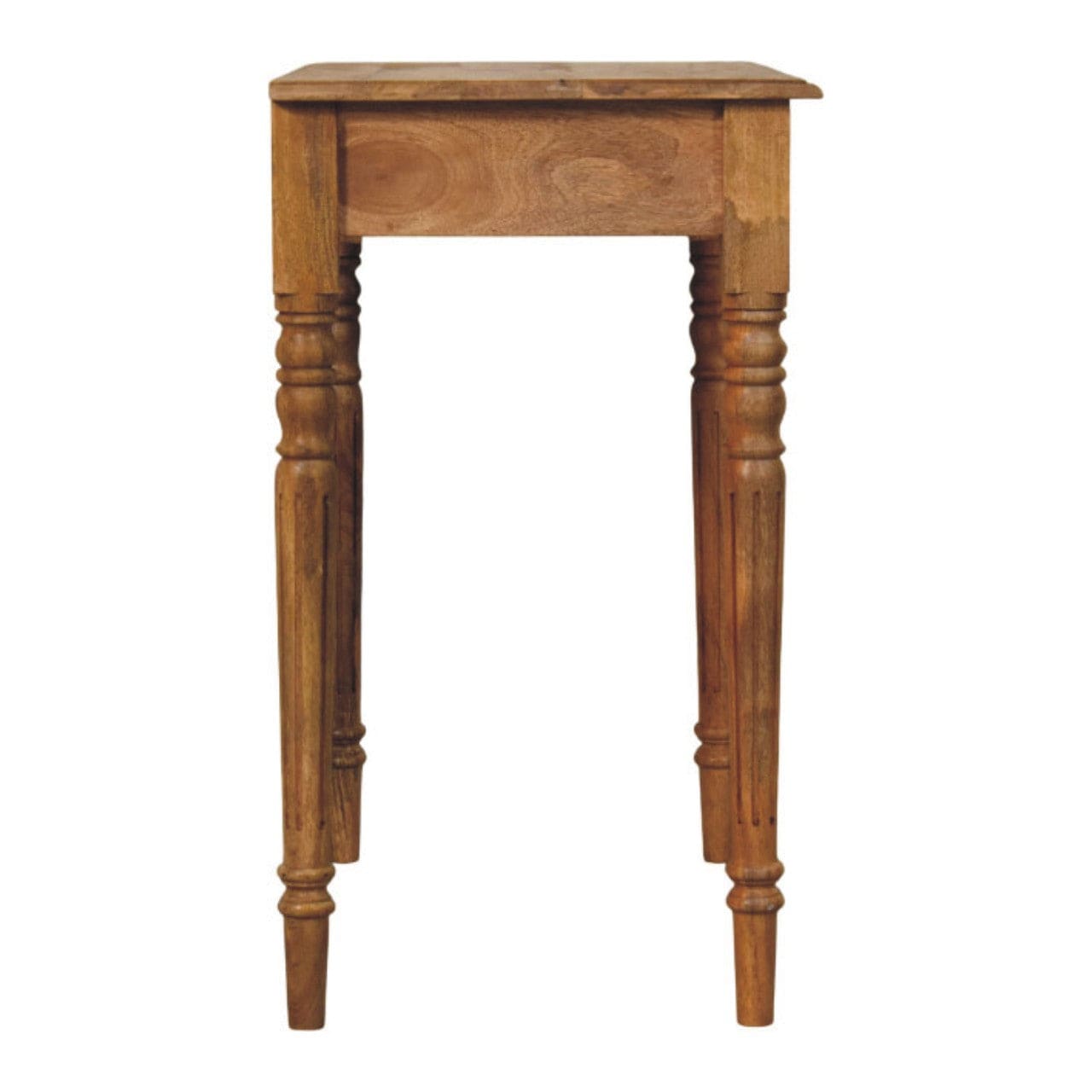 Oak-ish Turned Leg Writing Desk - Solid Mango Wood Desk for Home Office - product view 8 showing handcrafted solid mango...