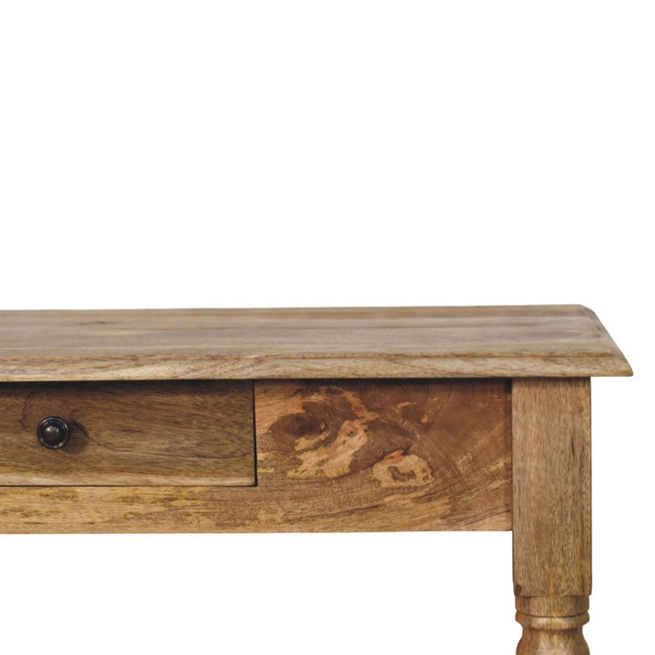 Oak-ish Turned Leg Writing Desk - Solid Mango Wood Desk for Home Office - product view 4 showing handcrafted solid mango...