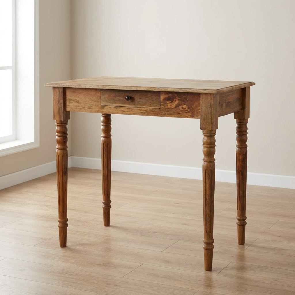 Oak-ish Turned Leg Writing Desk - Solid Mango Wood Desk for Home Office - main view showing handcrafted solid mango wood desk
