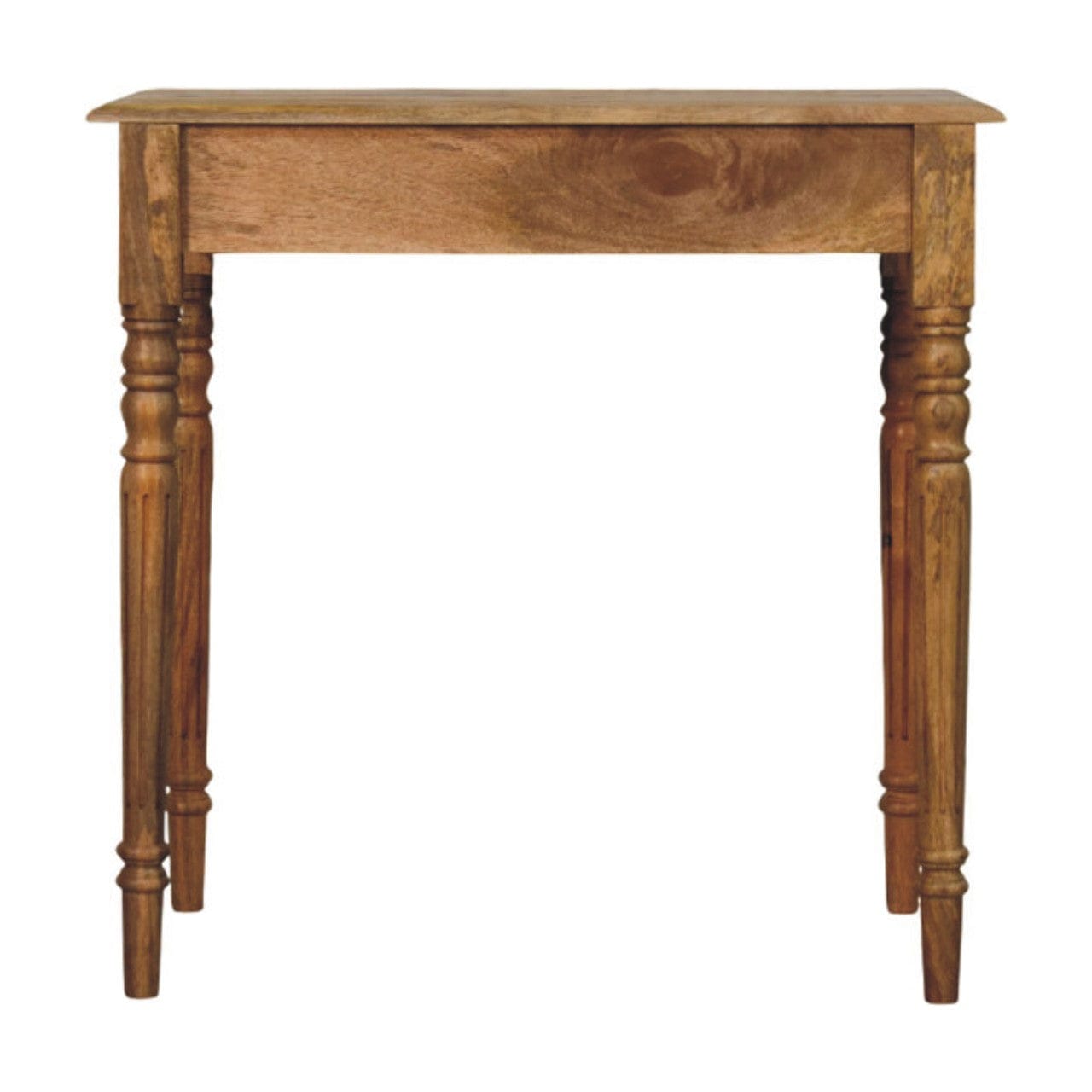 Oak-ish Turned Leg Writing Desk - Solid Mango Wood Desk for Home Office - product view 9 showing handcrafted solid mango...