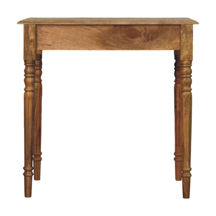 Oak-ish Turned Leg Writing Desk - Solid Mango Wood Desk for Home Office - product view 9 showing handcrafted solid mango...