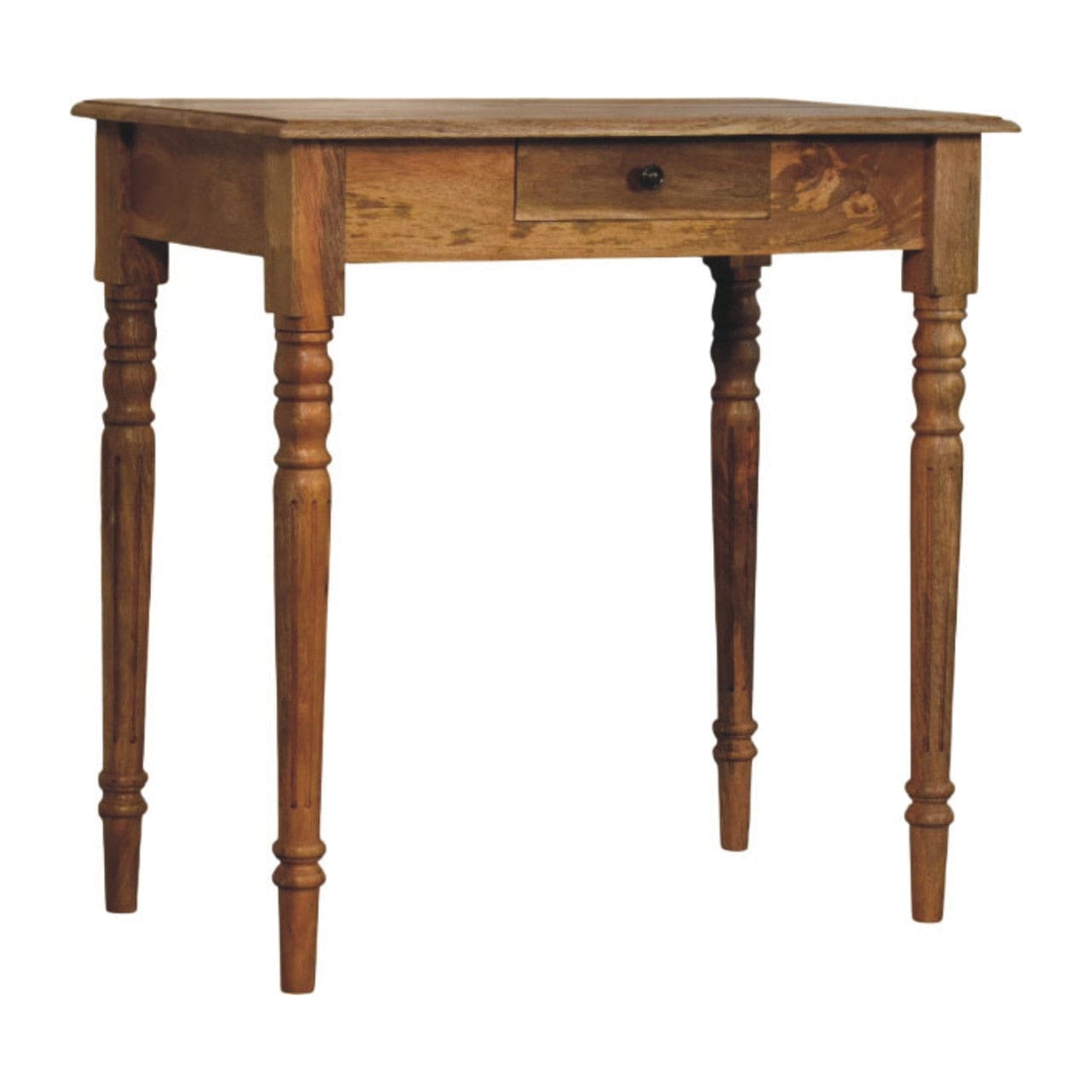 Oak-ish Turned Leg Writing Desk - Solid Mango Wood Desk for Home Office - product view 3 showing handcrafted solid mango...
