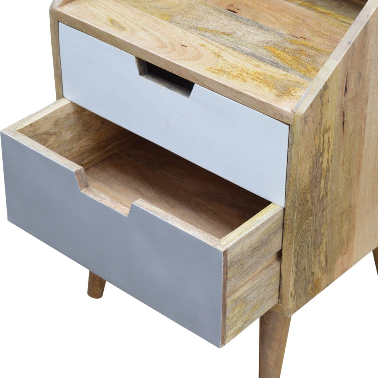 Oak-ish Raised Nightstand - Solid Mango Wood Bedside Table for Bedroom - product view 4 showing handcrafted solid mango...