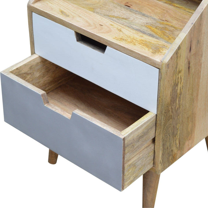 Oak-ish Raised Nightstand - Solid Mango Wood Bedside Table for Bedroom - product view 4 showing handcrafted solid mango...